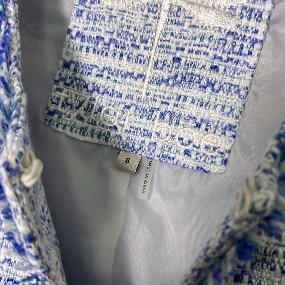 Tyler Boe Blue White Tweed Hook Front Blazer with Pockets size 6 - Picture 4 of 13